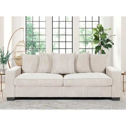 Luxe Living Room Sofa with 5 Complementary Toss Pillows Soft Corduroy Upholstery Streamlined Large
