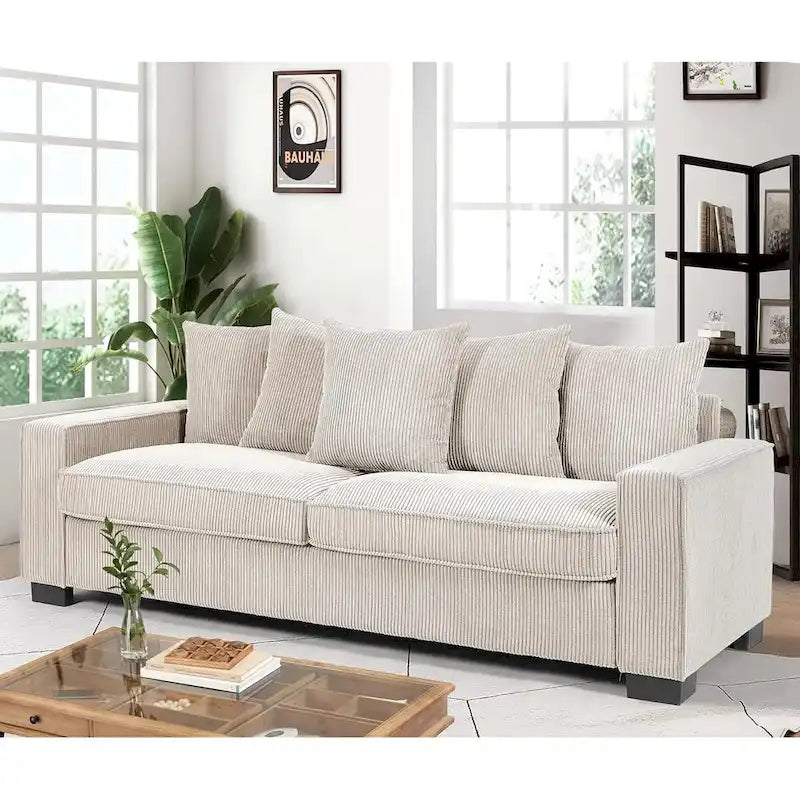 Luxe Living Room Sofa with 5 Complementary Toss Pillows Soft Corduroy Upholstery Streamlined Large