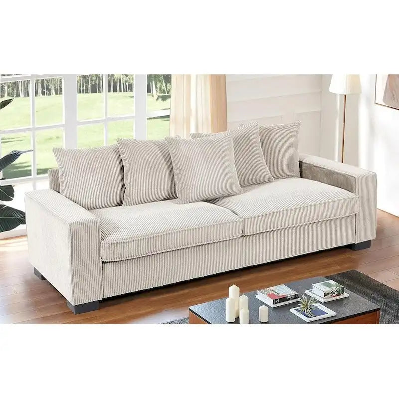 Luxe Living Room Sofa with 5 Complementary Toss Pillows Soft Corduroy Upholstery Streamlined Large
