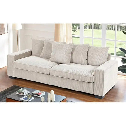 Luxe Living Room Sofa with 5 Complementary Toss Pillows Soft Corduroy Upholstery Streamlined Large