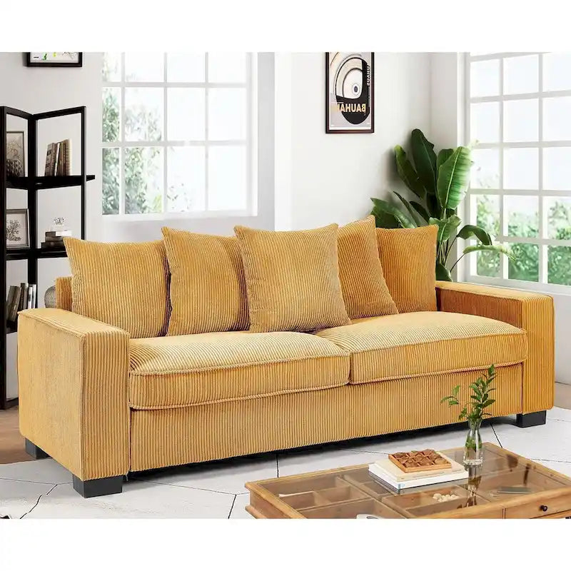 Luxe Living Room Sofa with 5 Complementary Toss Pillows Soft Corduroy Upholstery Streamlined Large