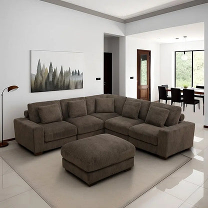 97  Brown Corduroy Upholstered L-Shaped Corner Sectional Sofa with Ottoman