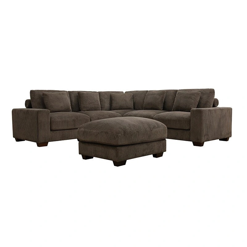 97  Brown Corduroy Upholstered L-Shaped Corner Sectional Sofa with Ottoman