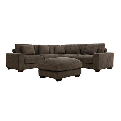 97  Brown Corduroy Upholstered L-Shaped Corner Sectional Sofa with Ottoman