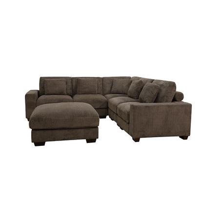 97  Brown Corduroy Upholstered L-Shaped Corner Sectional Sofa with Ottoman