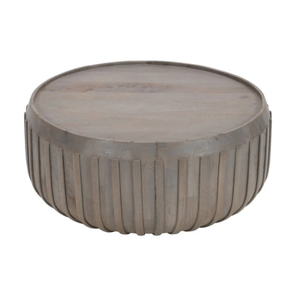 Alisha 36 Inch Coffee Table, Handcrafted Drum Shape with Ribbed Edges, Gray Mango Wood