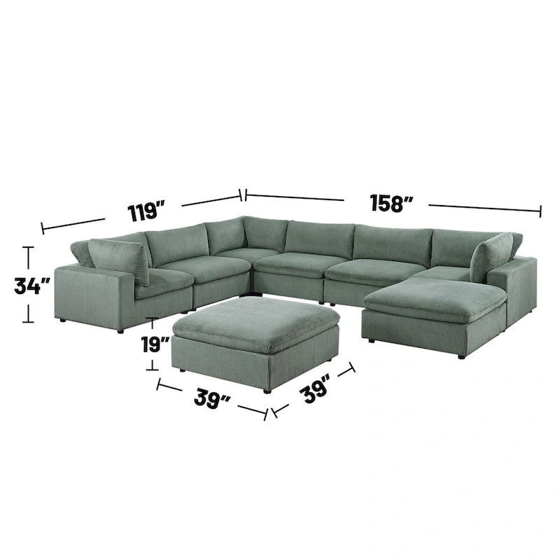 8 Piece Corduroy Upholstered Modular Sectional Sofa with Ottoman