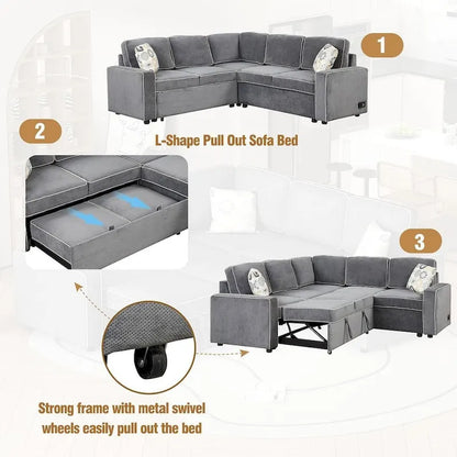 L-Shaped Reversible Chaise Sectional Sofa Pull Out Sofa Bed