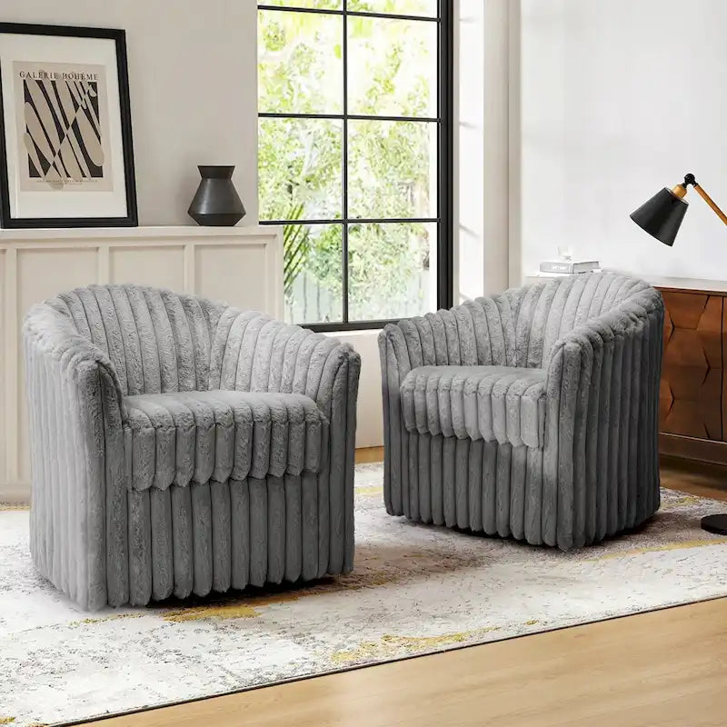 2 Set Modern 49  Upholstered Plush Corduroy Swivel Barrel Accent Chair