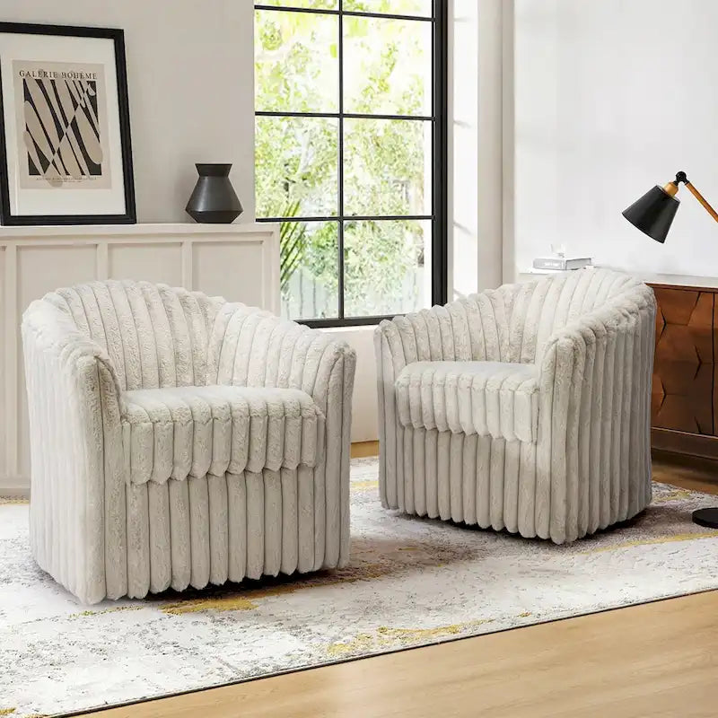 2 Set Modern 49  Upholstered Plush Corduroy Swivel Barrel Accent Chair