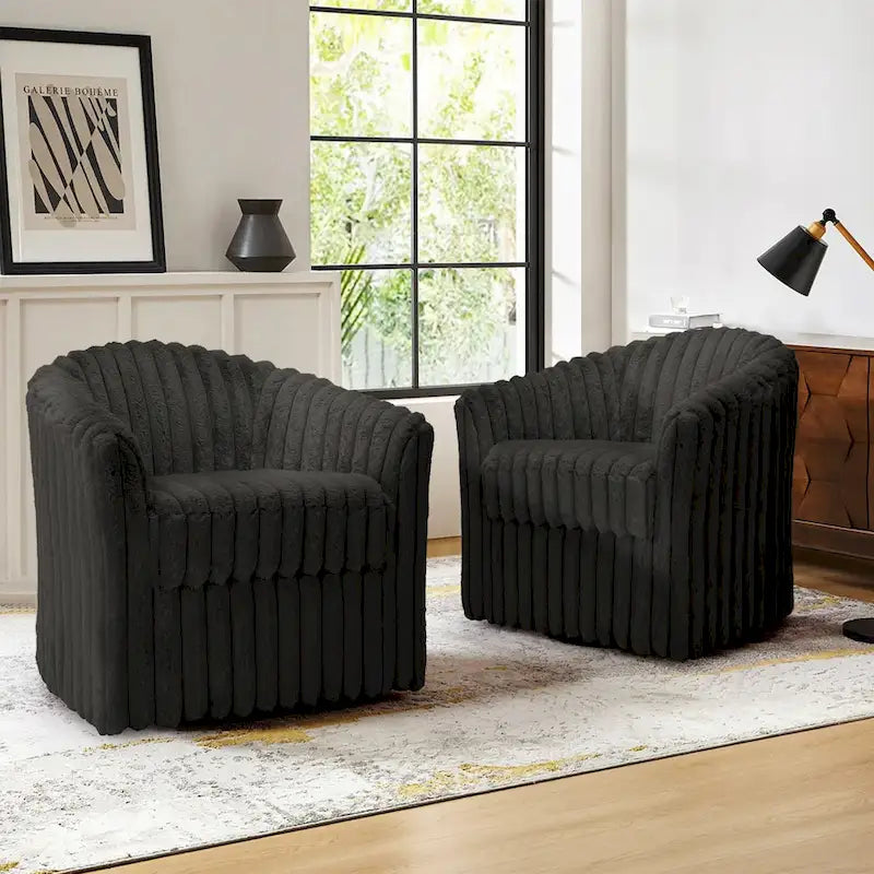 2 Set Modern 49  Upholstered Plush Corduroy Swivel Barrel Accent Chair