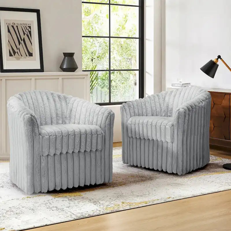 2 Set Modern 49  Upholstered Plush Corduroy Swivel Barrel Accent Chair