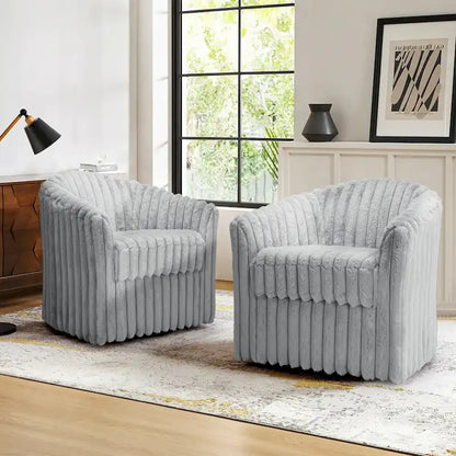 2 Set Modern 49  Upholstered Plush Corduroy Swivel Barrel Accent Chair