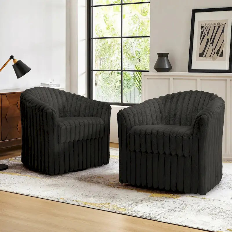 2 Set Modern 49  Upholstered Plush Corduroy Swivel Barrel Accent Chair