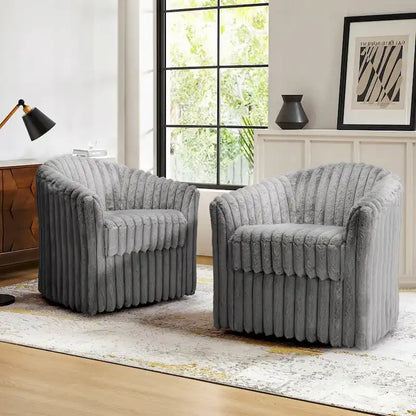 2 Set Modern 49  Upholstered Plush Corduroy Swivel Barrel Accent Chair