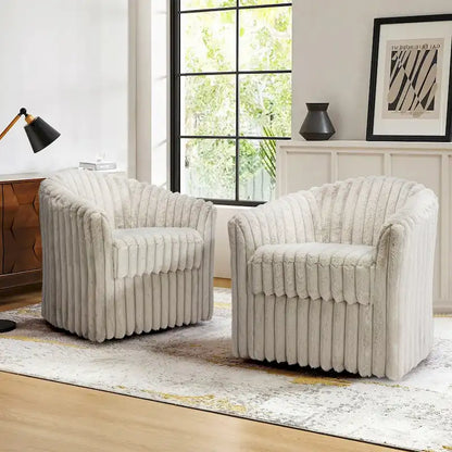 2 Set Modern 49  Upholstered Plush Corduroy Swivel Barrel Accent Chair