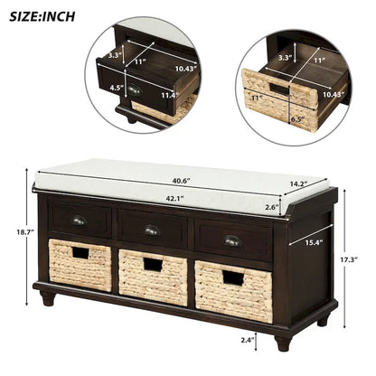 Rustic Storage Bench with 3 Drawers and 3 Rattan Baskets
