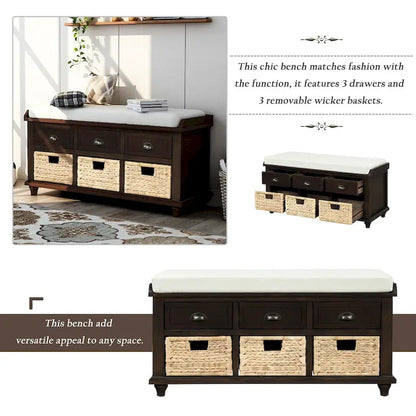 Rustic Storage Bench with 3 Drawers and 3 Rattan Baskets