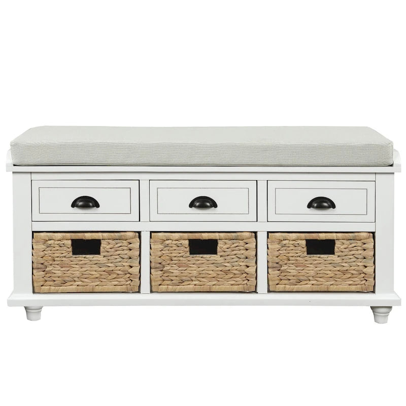 Rustic Storage Bench with 3 Drawers and 3 Rattan Baskets