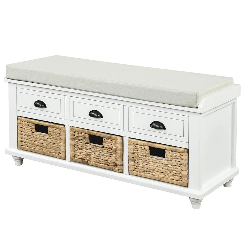 Rustic Storage Bench with 3 Drawers and 3 Rattan Baskets