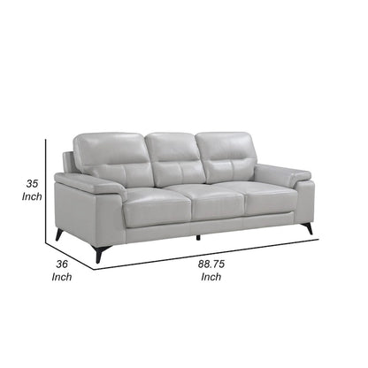 Mica 89 Inch Sofa, Light Gray Top Grain and Faux Leather, Black Metal Legs