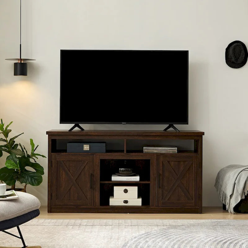 Farmhouse Barn door TV Media Stand Modern Entertainment Console for TV Up to 65  with Open and Closed Storage Space