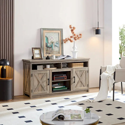 Farmhouse Barn door TV Media Stand Modern Entertainment Console for TV Up to 65  with Open and Closed Storage Space