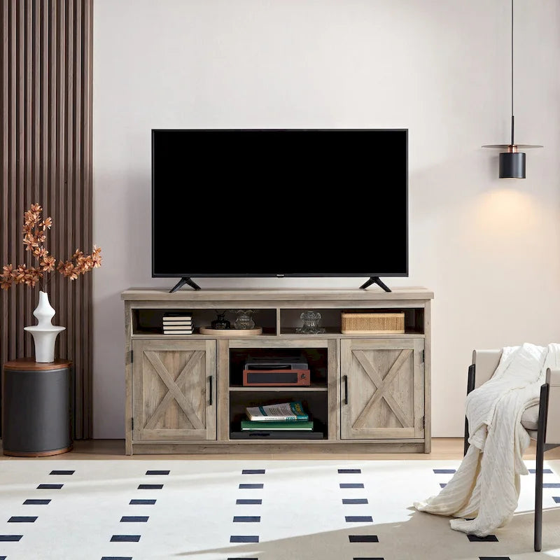Farmhouse Barn door TV Media Stand Modern Entertainment Console for TV Up to 65  with Open and Closed Storage Space