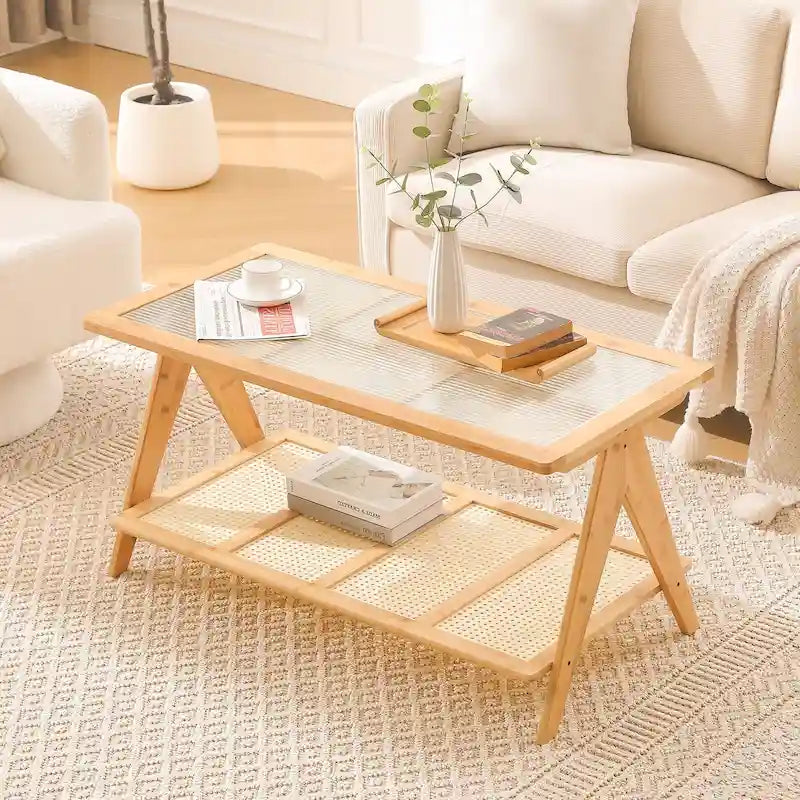 2-Tier Rectangular Coffee Table, Glass Top Sofa Table - 39.4 L x 19.7 W x 19.7 D