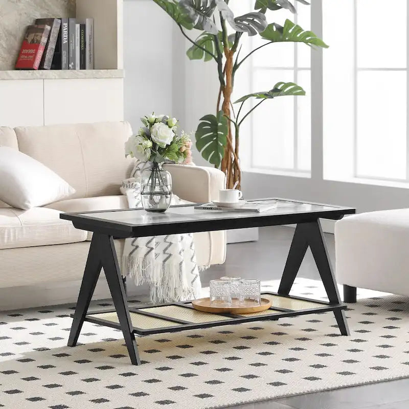 2-Tier Rectangular Coffee Table, Glass Top Sofa Table - 39.4 L x 19.7 W x 19.7 D