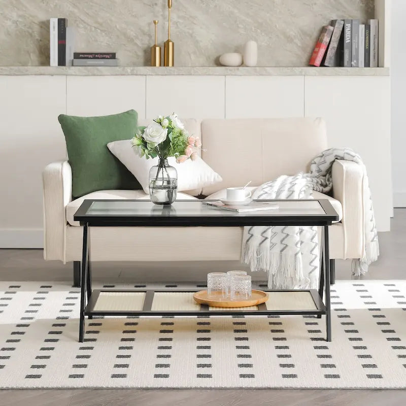 2-Tier Rectangular Coffee Table, Glass Top Sofa Table - 39.4 L x 19.7 W x 19.7 D