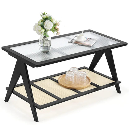 2-Tier Rectangular Coffee Table, Glass Top Sofa Table - 39.4 L x 19.7 W x 19.7 D