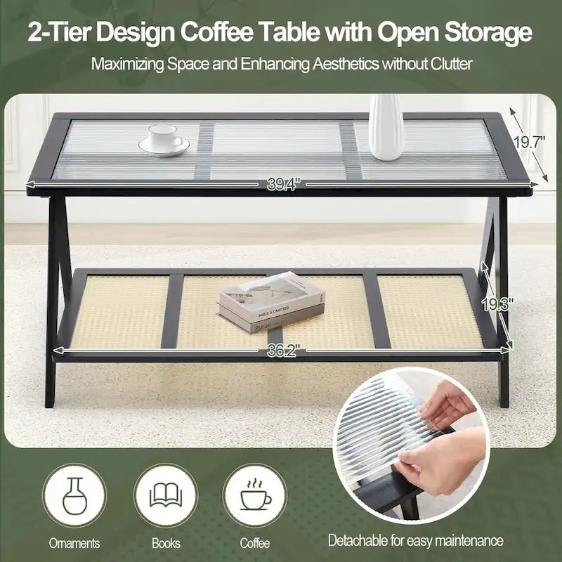 2-Tier Rectangular Coffee Table, Glass Top Sofa Table - 39.4 L x 19.7 W x 19.7 D