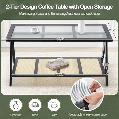 2-Tier Rectangular Coffee Table, Glass Top Sofa Table - 39.4 L x 19.7 W x 19.7 D