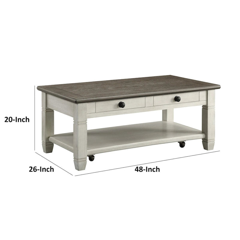 Rome 48 Inch Cocktail Coffee Table, 2 Drawers, White and Brown, Solid Wood