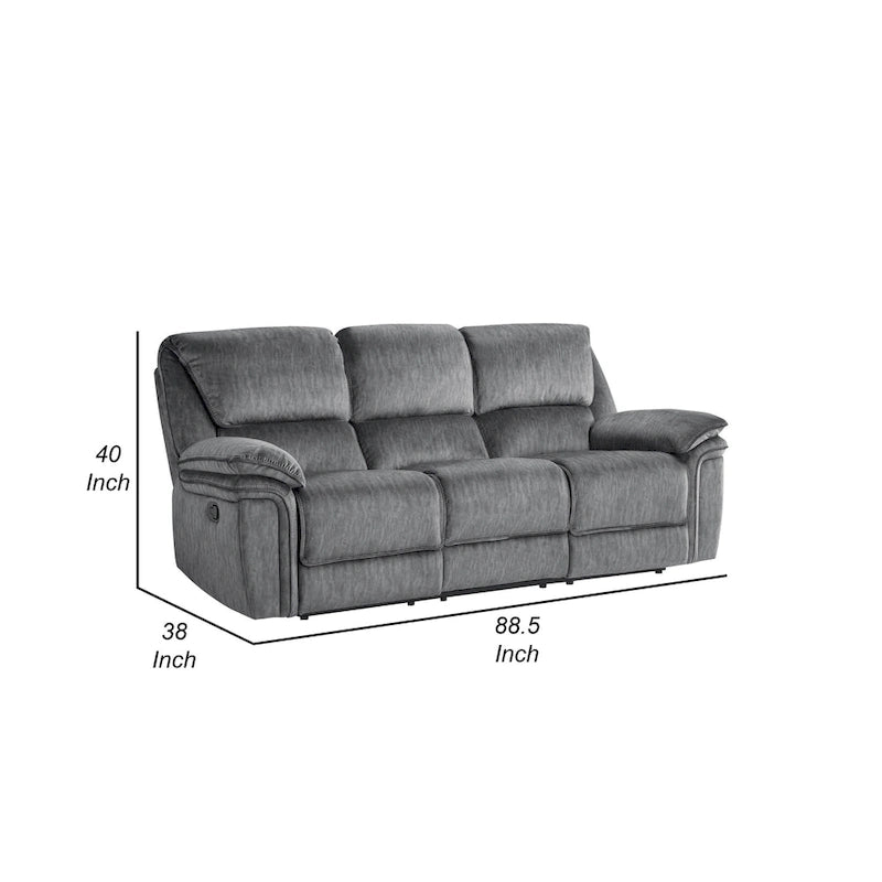 Muir 89 Inch Manual Double Recliner Sofa, Gray, Microfiber, Tufted Back