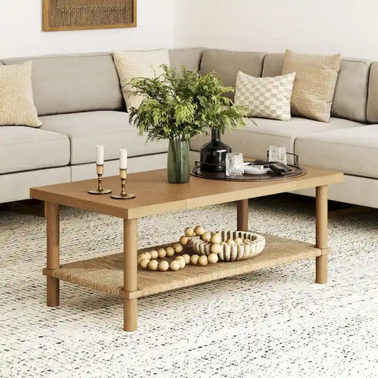 Beacon Bohemian Coffee Table with Storage, 2-Tier Rectangle Coffee Table with Solid Wood Legs and Seagrass Shelf