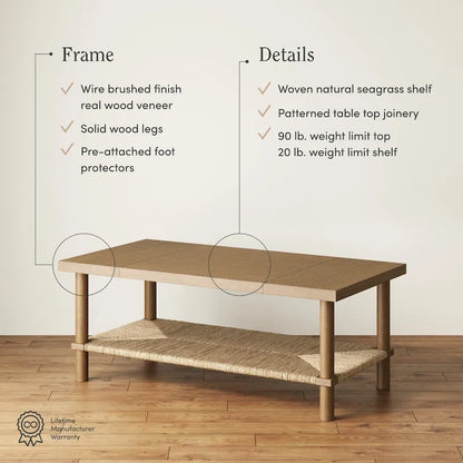 Beacon Bohemian Coffee Table with Storage, 2-Tier Rectangle Coffee Table with Solid Wood Legs and Seagrass Shelf