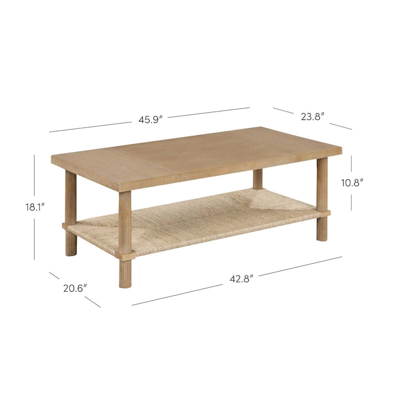 Beacon Bohemian Coffee Table with Storage, 2-Tier Rectangle Coffee Table with Solid Wood Legs and Seagrass Shelf