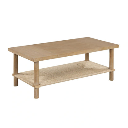 Beacon Bohemian Coffee Table with Storage, 2-Tier Rectangle Coffee Table with Solid Wood Legs and Seagrass Shelf