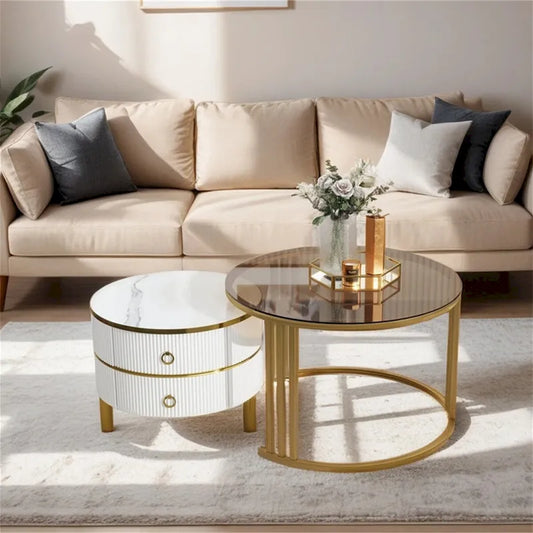 Stackable Coffee Table,Nesting Tables with Brown Tempered Glass,2 PCS