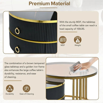 Stackable Coffee Table,Nesting Tables with Brown Tempered Glass,2 PCS