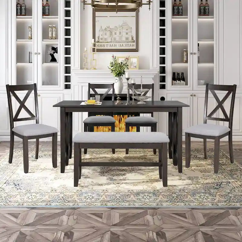 6-Piece Family Dining Room Set Solid Wood Space Saving Foldable Table and 4 Chairs with Bench for Dining Room