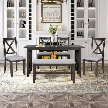 6-Piece Family Dining Room Set Solid Wood Space Saving Foldable Table and 4 Chairs with Bench for Dining Room