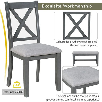 6-Piece Family Dining Room Set Solid Wood Space Saving Foldable Table and 4 Chairs with Bench for Dining Room