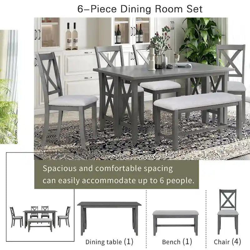 6-Piece Family Dining Room Set Solid Wood Space Saving Foldable Table and 4 Chairs with Bench for Dining Room