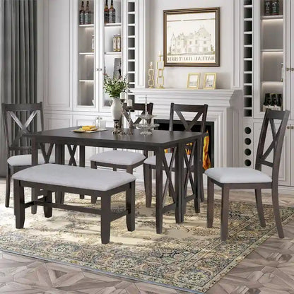 6-Piece Family Dining Room Set Solid Wood Space Saving Foldable Table and 4 Chairs with Bench for Dining Room
