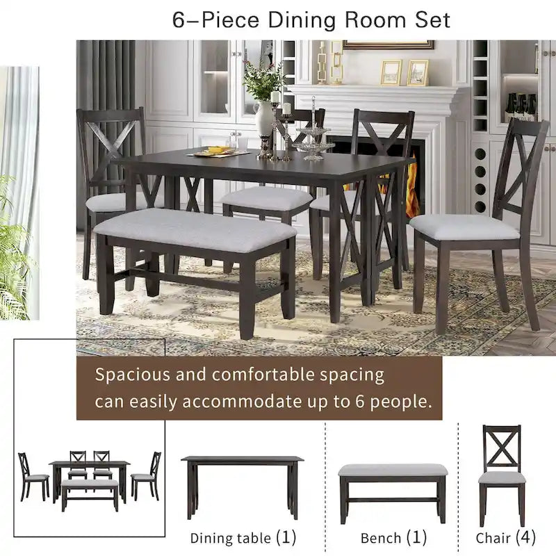 6-Piece Family Dining Room Set Solid Wood Space Saving Foldable Table and 4 Chairs with Bench for Dining Room