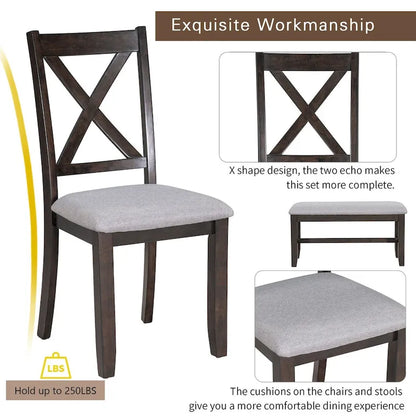 6-Piece Family Dining Room Set Solid Wood Space Saving Foldable Table and 4 Chairs with Bench for Dining Room