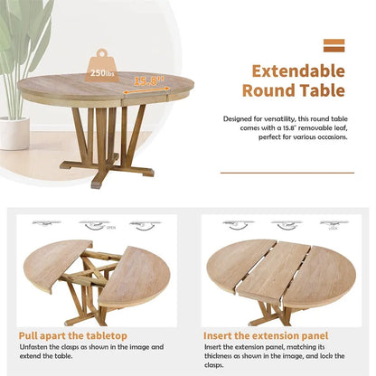 Extendable Dining Table Set Round Trestle Table and 4 Dining Chairs